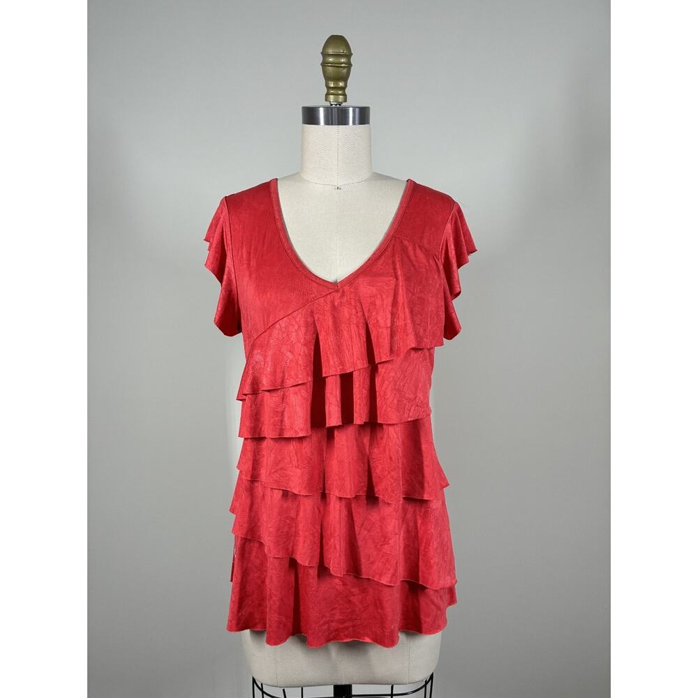 Vintage Y2K Baby Tee Top Medium Red Ruffled Tiered Vamp Whimsigoth‎ Stretchy